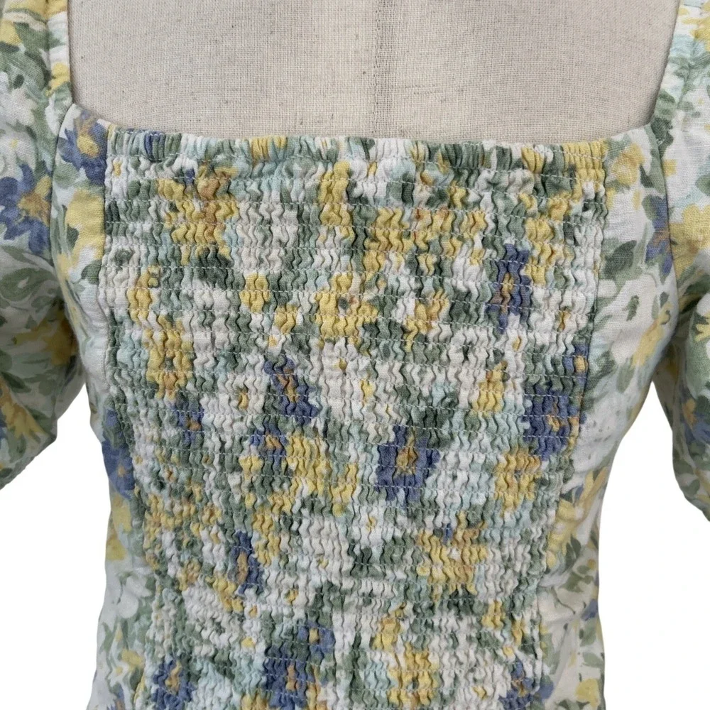 Abercrombie & Fitch Medium Women's Linen-Blend Puff Sleeve Top Yellow Indie Boho